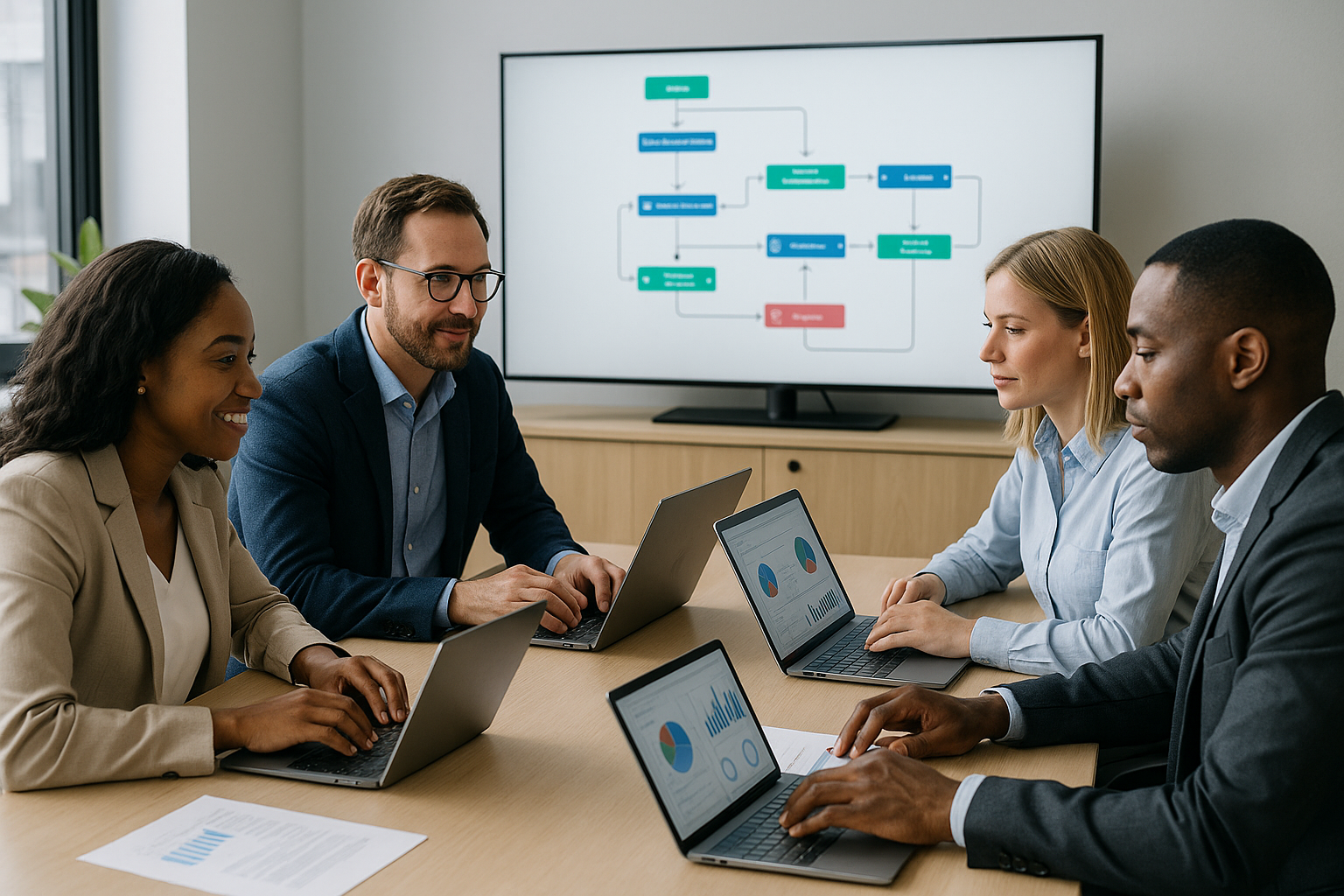 Professional business team working efficiently with automation dashboards and workflow diagrams